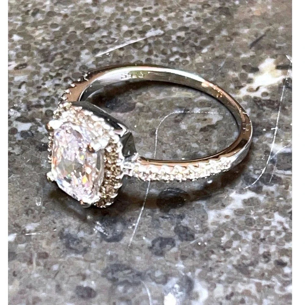 Sterling Silver Cushion-Cut Halo CZ Engagement Ring -Size 6 -7g‎
